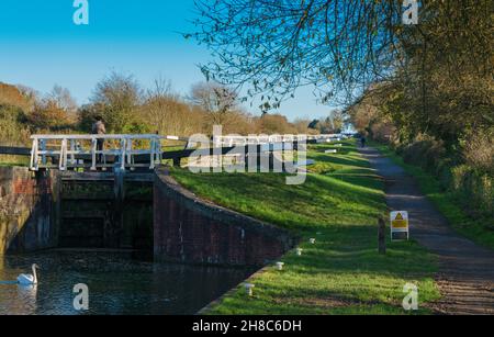 Steiler Flug von 16 Schleusen in Caen Hill, Kennet und Avon Canal, Devizes, Wiltshire, England, Großbritannien Stockfoto