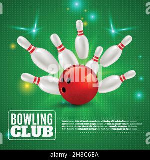 Bowling Club 3D Zusammensetzung treffen Ball auf Pins auf grün Hintergrund mit Blitzen und Funken Vektorgrafik Stock Vektor