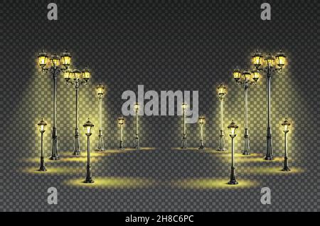 Outdoor Garten Straße klassische gelbe Beleuchtung mit großen und kleinen Laternen dunkel transparent Hintergrund realistische Vektor-Illustration Stock Vektor