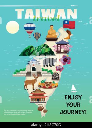 Taiwan Reise Land Kultur Karte Wohnung Werbung Poster mit nationalen Essen Sehenswürdigkeiten Sehenswürdigkeiten Sehenswürdigkeiten Symbole Vektor Illustration Stock Vektor