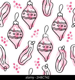 Aquarell nahtlose handgezeichnete Muster mit rosa Weihnachtselemente, moderne Boho Hintergrund mit erröten Girly Ornamente Schneeflocken Strümpfe abstrakte Formen, zum Einwickeln Papier Textil Party Dekoration Stockfoto