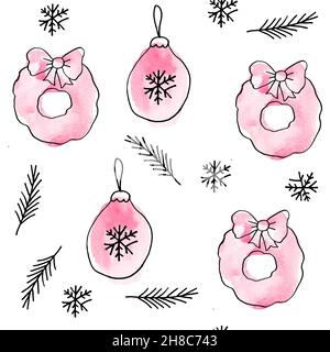 Aquarell nahtlose handgezeichnete Muster mit rosa Weihnachtselemente, moderne Boho Hintergrund mit erröten Girly Ornamente Schneeflocken Strümpfe abstrakte Formen, zum Einwickeln Papier Textil Party Dekoration Stockfoto