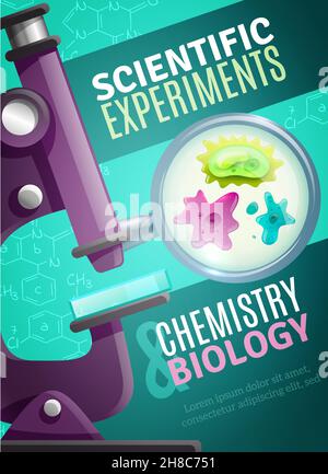 Wissenschaftliche Chemie und Biologie Experimente Poster mit einzelligen Organismen unter Lupe von Mikroskop-Bilder Vektor-Illustration Stock Vektor