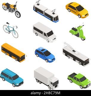 Stadt Transport isometrische Icon Set mit verschiedenen isolierten Taxi-Bus Fahrrad Motorrad Trolley Bus Pickup Vektor Illustration Stock Vektor