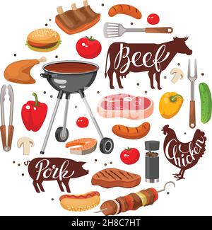 Runde Zusammensetzung mit isolierten gezogenen Grillelementen Lebensmittel Fleischarten Grill Tier Silhouetten auf leeren Hintergrund Vektor-Illustration Stock Vektor