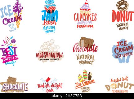 Skizze Bonbons und Süßigkeiten Logos mit bunten handgeschriebenen Inschriften gesetzt Konditorei und Backwaren isolierte Vektor-Illustration Stock Vektor