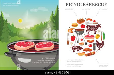 Flat Wochenende Picknick-Konzept mit Grill auf Waldlandschaft Gemüse bbq Utensilien Fleisch Würstchen Vektor-Illustration Stock Vektor