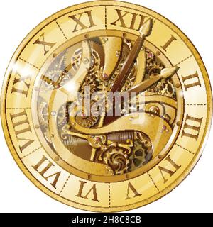 Realistische Vintage-Uhren mit Zahnradzusammensetzung mit mechanischem Uhrwerk Sichtbar unter transparentem Ziffernblatt Vektorgrafik Stock Vektor