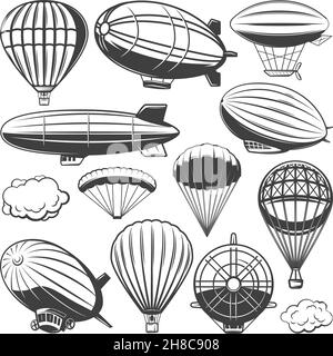 Vintage Luftschiff Sammlung mit Wolken Heißluftballons und Blimps Von verschiedenen Typen isolierte Vektordarstellung Stock Vektor