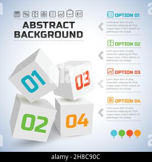 Business-Infografik-Vorlage mit weißen 3D Würfel Textsymbole und Vier Optionen für Vektordarstellung mit hellem Hintergrund Stock Vektor