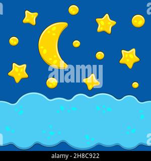 Helle Bilder mit Nachthimmel, Mond, Sternen, Wolken. Isolierte Farbvektorobjekte. Stock Vektor