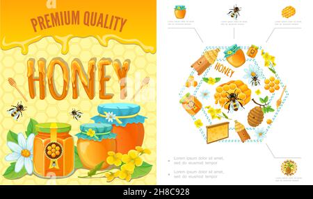 Cartoon Bienenzucht buntes Konzept mit Bienen Wabenstock Clipper Stick Blumen Gläser und Töpfe von Bio-frischen Honig Vektor-Illustration Stock Vektor