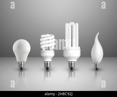 Realistische elektrische Glühbirnen Satz von verschiedenen Arten Konstruktionen und Formen Auf glänzendem Hintergrund isolierte Vektorgrafik Stock Vektor