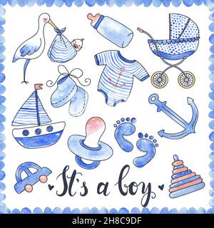 Baby junge Aquarell-Elemente mit kalligraphischen Titel Wagen und gesetzt Dummy Storch und Spielzeug isoliert Vektor Illustration Stock Vektor