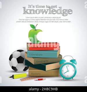 Wissensmaterial Zusammensetzung mit Büchern Apfel Sosser Ball und andere Vektor-Illustration für Attribute Stock Vektor