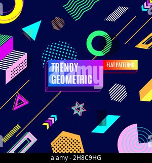 Trendy buntes Muster mit verschiedenen geometrischen Figuren auf blauem Hintergrund In flacher Vektorgrafik Stock Vektor