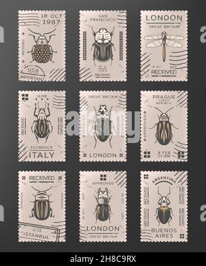 Vintage farbige Insekten Briefmarken Set mit Libelle verschiedene Arten von Bugs und Käfer isoliert Vektor-Illustration Stock Vektor