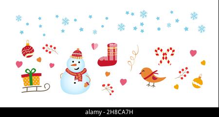 Sammlung von Neujahrsvektoren auf weißem Hintergrund. Schneemänner mit Geschenken, Schlitten, Vogel, Schneeflocken. Stock Vektor