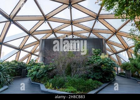 Pergola am Kai Theater, Crossrail Place Roof Garden, Canary Wharf FinanzdistrictLondon, England, Großbritannien Stockfoto