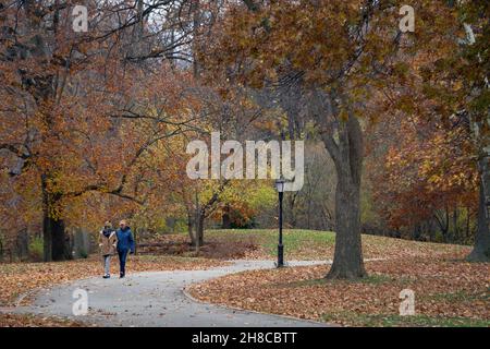 Ein anonymes Paar, das an einem farbenfrohen Herbstnachmittag mit dem Partner unterwegs ist. In Queens, New York City Stockfoto