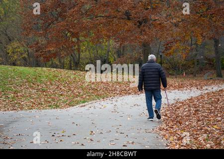 Ein anonymer älterer Mann, der an einem farbenfrohen Herbstnachmittag mit einem Stock läuft. In Queens, New York City Stockfoto