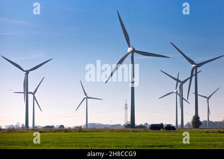 Windräder auf Sumpfland, Deutschland, Niedersachsen, Ostfriesland, Krummhoern Stockfoto