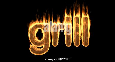 GRILL Feuer Flammen brennen Text, brennende Flamme Wort mit Rauch und feurigen Effekt. Heiß leuchtendes Designelement auf schwarzem Hintergrund isoliert. 3D Abbildung Stockfoto