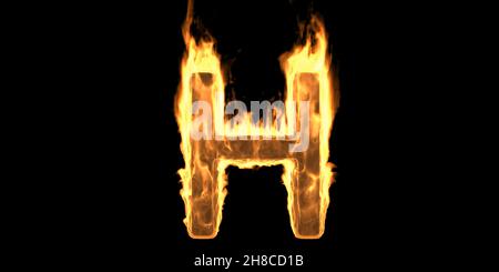 Feuer Alphabet Buchstabe H, flammende Burn-Schrift. Brennende Flamme Text mit Rauch und feuriger Wirkung. Heiß leuchtendes Designelement auf schwarzem Hintergrund isoliert. 3D Stockfoto