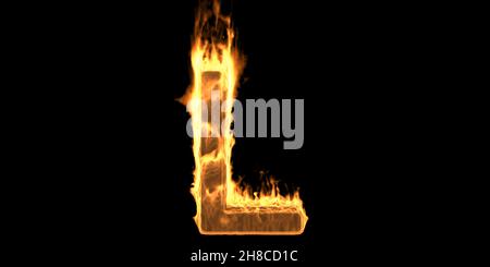 Fire Alphabet Letter L, Flaming Burn Font. Brennende Flamme Text mit Rauch und feuriger Wirkung. Heiß leuchtendes Designelement auf schwarzem Hintergrund isoliert. 3D Stockfoto