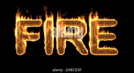 FEUER brennend brennen Text, brennende Flamme Wort mit Rauch und feurigen Effekt. Heiß leuchtendes Designelement auf schwarzem Hintergrund isoliert. 3D Abbildung Stockfoto