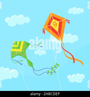 Drachen am Himmel. Fliegen in Windpapier Kinderspielzeug auf Schnur, Aktivität Spaß Spiel in Wolken, Sommer Festival Hintergrund, ordentlich Cartoon-Vektor-Illustration. Joy Kite Air für Kinderunterhaltung und Festival Stock Vektor