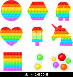 Lassen Sie es sich nicht nehmen. POPIT Fidgets, Push-Bubble-Spiel, Sinnesspielzeug für Kinder, einfache Grübchen, Antistress, Trendige Silikon-Spielzeug in verschiedenen Formen und Farben, Cartoon-Set Vektor-Illustration, Silikon Fidget Spielzeug Stock Vektor