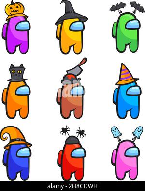 Unter uns halloweens Figuren. Spiel setzen Astronauten nach Rolle in festlichen halloween-Hüte, Amongus Charakter Cartoon Grafik-Designs, ordentlich Vektor-Illustration, Cartoon-Charakter Maskottchen mit Hut Kürbis Stock Vektor