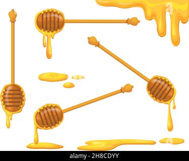 Honiglöffel Set. Cartoon Holzlöffel Dipper zum Schmelzen süßer flüssiger Tropfen, goldener Fluss Süße Tropfen, Süßigkeiten Tropfen, Holz Utensil, ordentlich Vektor-Illustration. Löffel Dipper mit Honig Stock Vektor