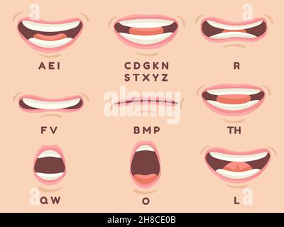 Mundsynchronisierung. Animieren sprechenden Mund Lippen mit Zunge für Zeichentrickfigur, sprechen englisch Artikulation und Aussprache Zeichen, anständige Vektor-Set. Abbildung der Synchronisierung von Sprachsprechen Stock Vektor