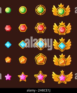 Spielfortschritt auszeichnen. Goldene Amulette mit Edelstein, Badge-Kit, Schmuckstar, Leistungsabzeichen, Goldflügel-Medaille, Quadratischer Diamant, Token Krone, Knopf ui, Cartoon nette Vektorgrafik Stock Vektor