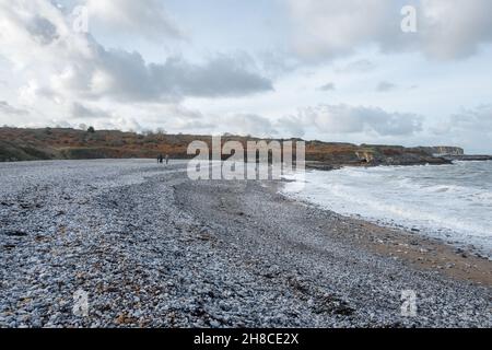 Die Familie genießt einen Spaziergang am Kiesstrand in Penmon, Anglesey, Wales Stockfoto