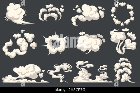 Cartoon Staubwolken. Komische Wolkenform, Sprayluftrauch, Nebelstraße, Explosionsbombe, Autogas, Zaubereffekt, Dampfwind-Silhouette, gruseliger Rauch-Smog, ordentlich Gam explodieren Blasen. Vektorgrafik Stock Vektor