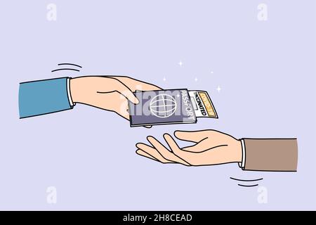 Der Mann überreicht dem Steward, der während des 19-fachen Covid-Jahres ins Ausland reist, einen Pass mit Impfpass. Männlicher Kunde übergibt Dokument mit Immunitätsausweis gegen Corona. Flache Vektorgrafik. Stock Vektor