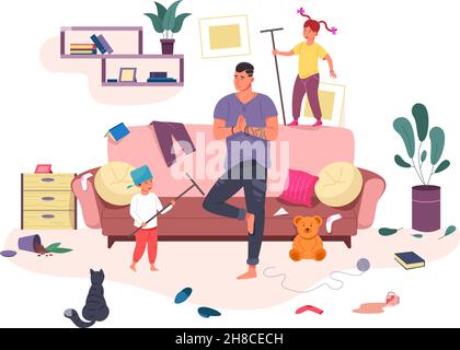 Vater und Kind Chaos. Ruhiger Vater meditiert unter schelmischen Kindern, Hausdurcheinander, Elternruhe, glückliche Vaterschaft, Kinder spielen Spiel im Haus, grelle Vektor-Illustration. Papa im Chaos Stock Vektor