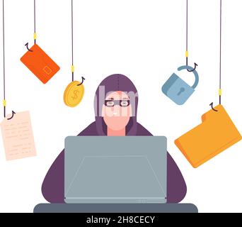 Cyber-Betrüger. Hacker mit Laptop-Hacking Computersicherheit, Online-Phishing persönliche Daten, Internet-Kriminalität Betrug Betrug, virtuelle Geld Dieb Hacker digitalen Schwindler, herrliche Vektor-Illustration Stock Vektor