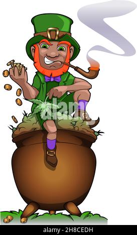 Abbildung des Kobold-Maskottchen. 100 % Vektorgrafiken. Leprechaun sitzt auf einem Topf mit Marihuanaknospen und hält ein Cannabisblatt Stock Vektor