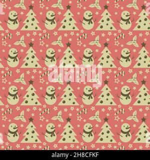 Nahtloses Muster verziert mit festlichem Weihnachtsschmuck auf einem rosa Hintergrund Stock Vektor