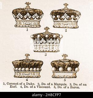 Illustrationen aus dem 19th. Jahrhundert, die verschiedene Kronen/Krönungen des Britischen Imperium zeigen. Duke, Marquis, Earl, Viscount und Baron. Stockfoto