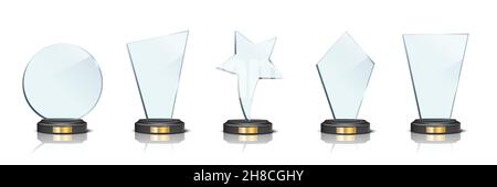 Set mit Trophäen. Stern- und rechteckige Glasstatuen auf weißem Hintergrund. Verherrlichung in der Vektorgrafik für Wettkämpfe. Hollywood-Ruhm Stock Vektor