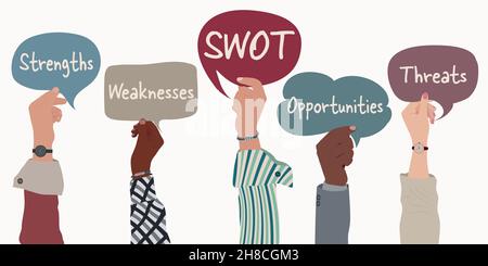 Konzept der SWOT-Analyse oder der strategischen Planungstechnik. Erhöhte Arme von Geschäftsleuten, die mit SWOT- Teamwork Sprechblase halten Stock Vektor
