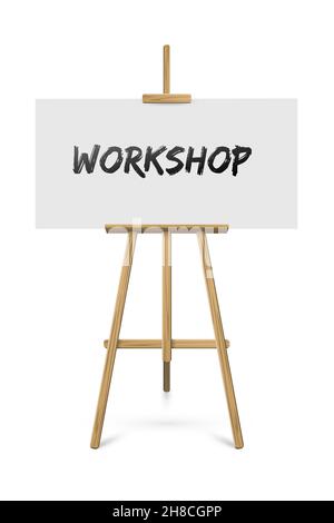 Staffelei mit Workshop-Text auf Papier auf weißem Hintergrund. Holzstativ mit lehrreicher Ankündigungsvektor-Illustration. Künstlerische Studio-Ausstattung Stock Vektor