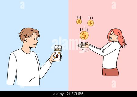 Mann schickt Geld vom Smartphone an eine Kollegin oder Kollegin. Männliche Arbeitgeber machen kontaktlose Bargeld- oder Währungstransaktion an Frau im Internet. Einfaches Banking-Konzept. Vektorgrafik. Stock Vektor