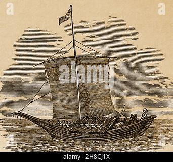 Ein Stich aus dem 19th. Jahrhundert, der ein arabisches Dhaufschiff vor der Küste Ostafrikas zeigt. Die meeresführenden, meist einmastigen Sklavenhändler waren von mittlerer Größe und wurden auch für den Transport von Waren sowie Sklaven nach Arabien verwendet Stockfoto