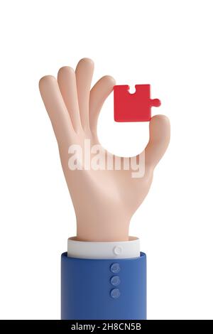 Cartoon Hand hält ein rotes Puzzleteil isoliert auf weißem Hintergrund. 3D Abbildung. Stockfoto